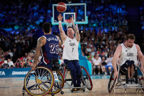 8th September 2024, Paris, France. Great Britain (Silver) vs USA (Gold) in the final of the Men’s Wheelchair Basketball Final at the Bercy Arena. Day 10 of the Paris 2024 Paralympic Games. Credit Roger Bool